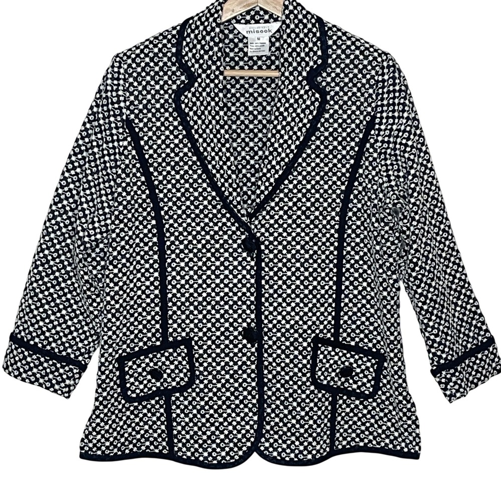 Exclusively Misook Womens Black White Geometric Knit Blazer Jacket Size M Korea